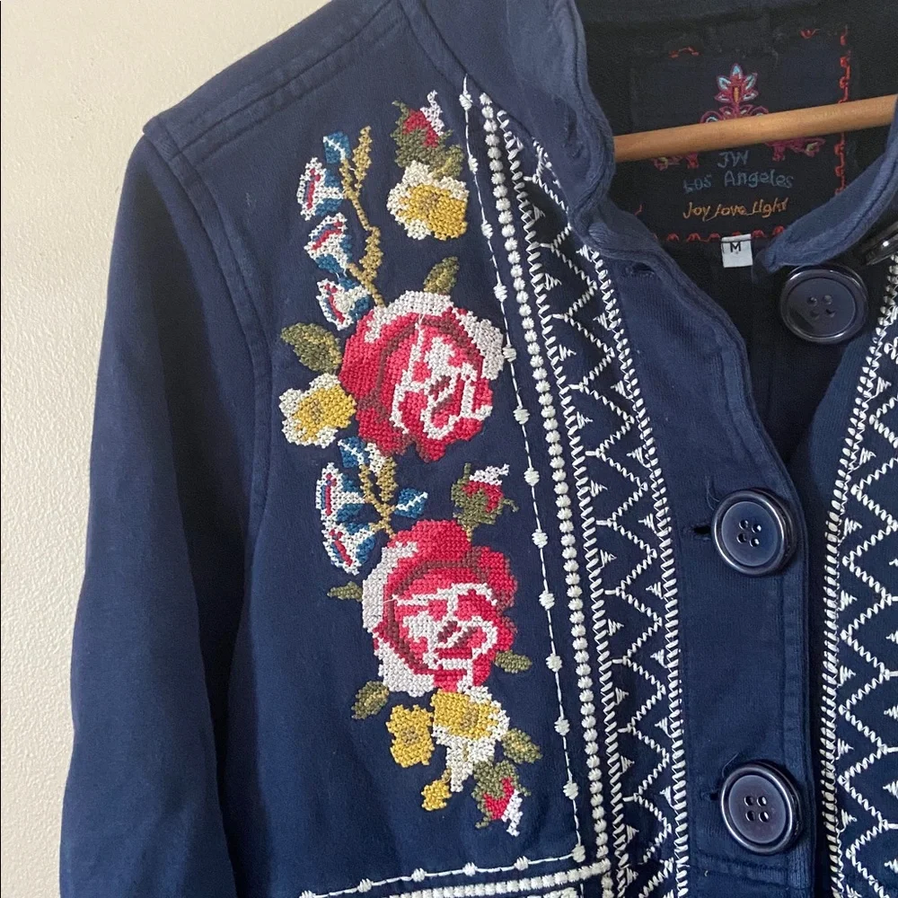 Johnny Was Floral Embroidered Cross Stitched Navy Cotton Military Jacket Medium - Picture 7 of 12